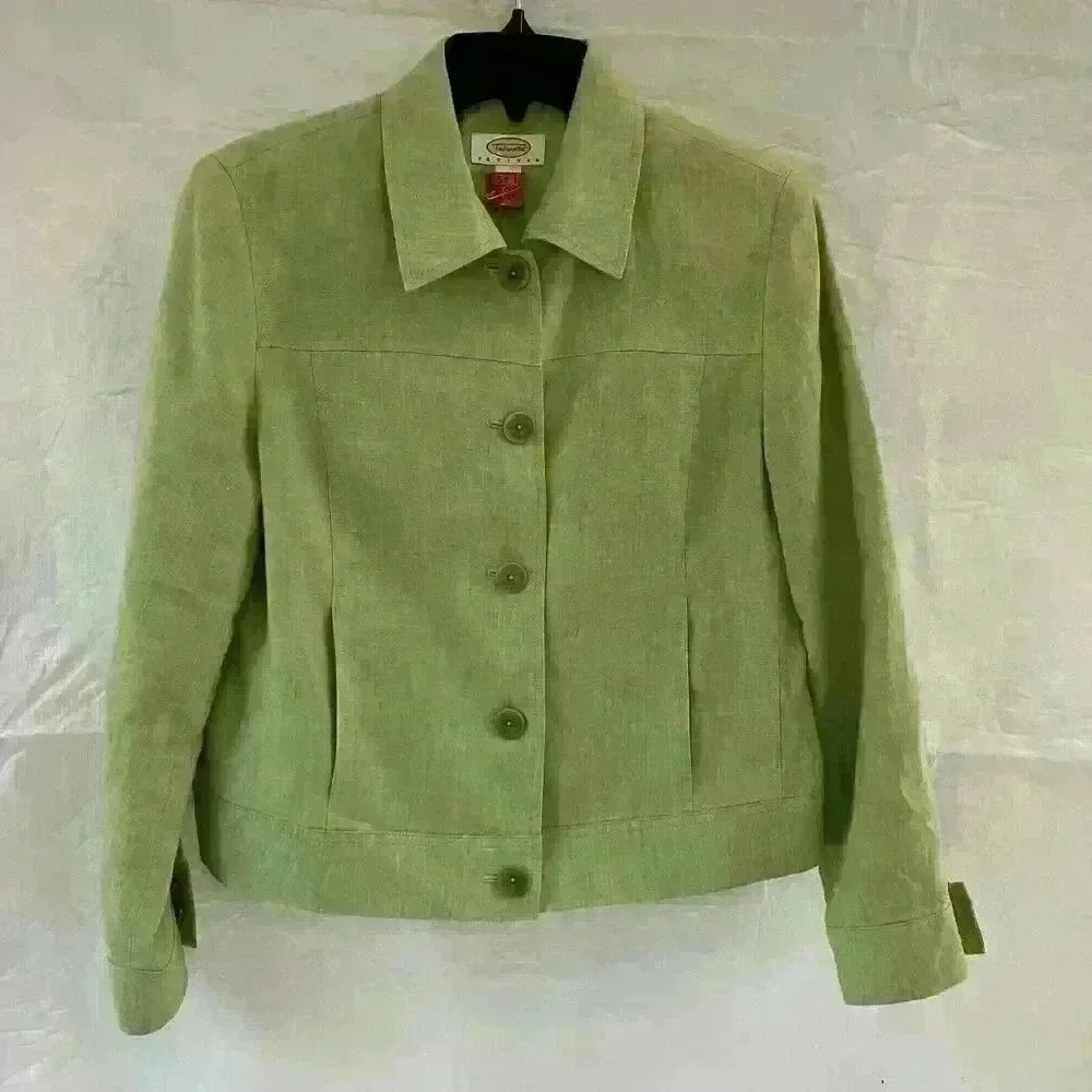 Talbots Petites Lime‎ Green Linen Button Front Jacket Size 6P Pocketed Blazer